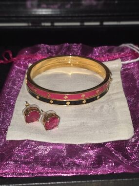 kate spade Gold Bangle with Pink and Black Enamel Spade Accents W/ Pink Earrings